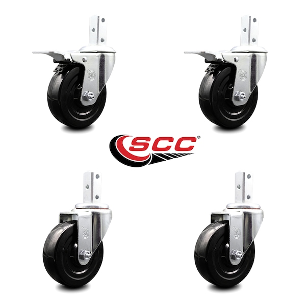 4 Inch Hard Rubber Swivel 7/8 Inch Square Stem Caster Total Lock Brakes, 2PK